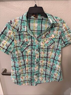 Bit & Bridle Mint Green Plaid Floral Button-Down Shirt